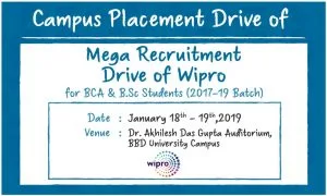 Campus Placement Drive of Wipro for BCA, B. Sc Students on 18th -19th January 2019